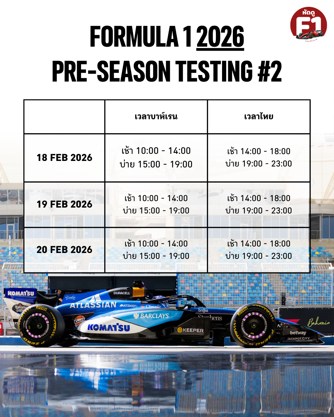 ตาราง F1 Pre-Season Testing 2026